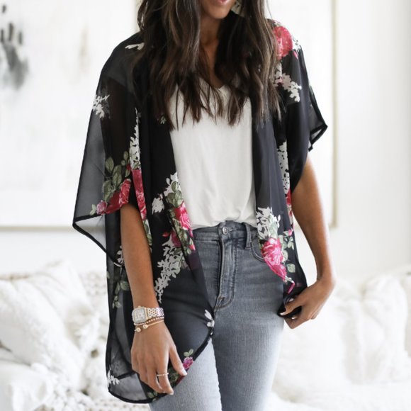 Feitong Tops - Kimono Cardigan Top Cover Up Blouse Beach Rose Chiffon Loose Shawl Print